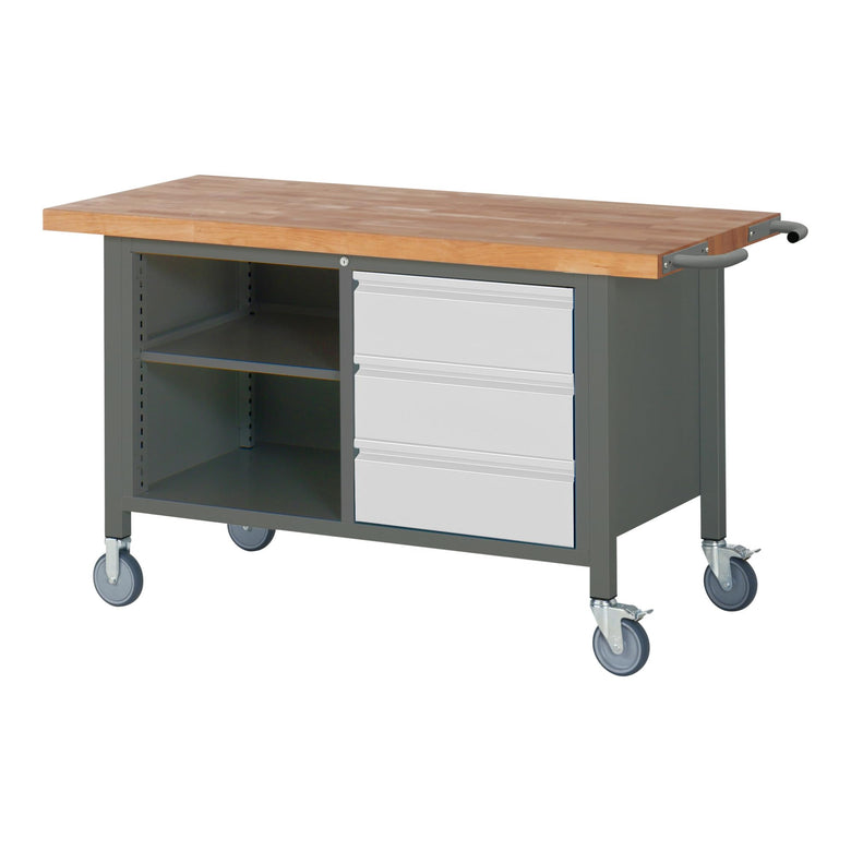 STIER Fahrbare Werkbank Premium mit 3 Schubladen und einem offenen Fach BxTxH 1250x700x880 mm