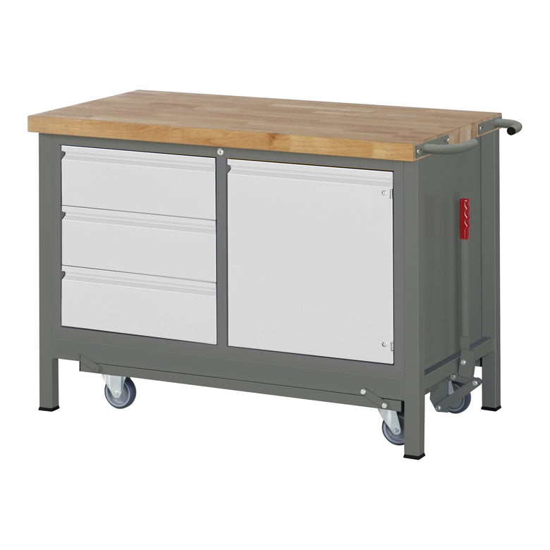 STIER Werkbank Premium mit abs. Fahrgestell, 2 Schubladen und 2 Flügeltüren BxTxH 1250x700x880mm