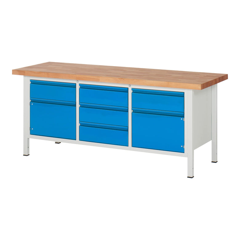 STIER Höhenverstellbare Werkbank Premium mit 2 Schubladen und 2 Flügeltüren BxTxH 1500x700x840-1040mm RAL 7035 / RAL 5012