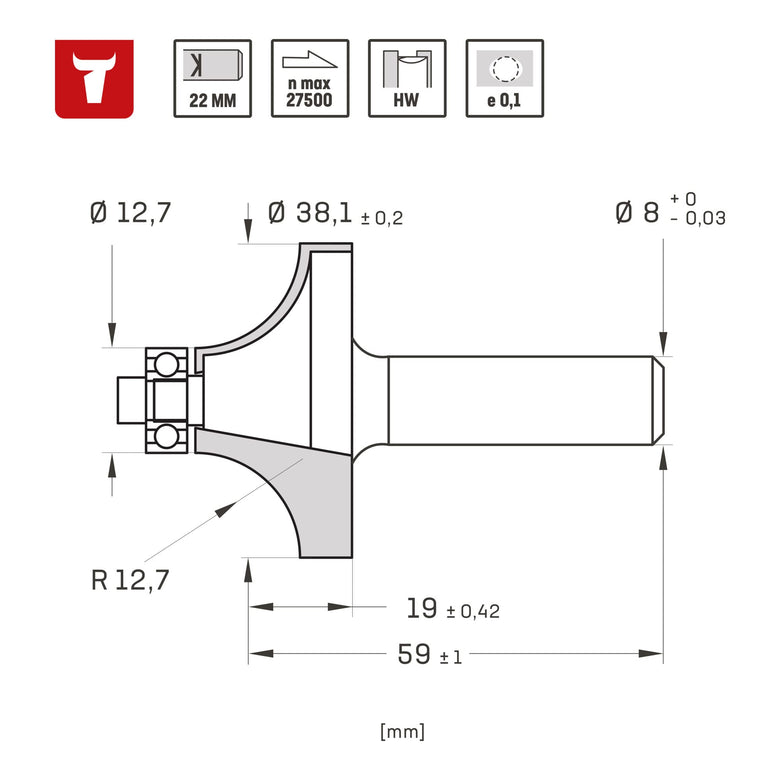 STIER rounding cutter D38.1 x R12.7 x S8 mm HM (HW)