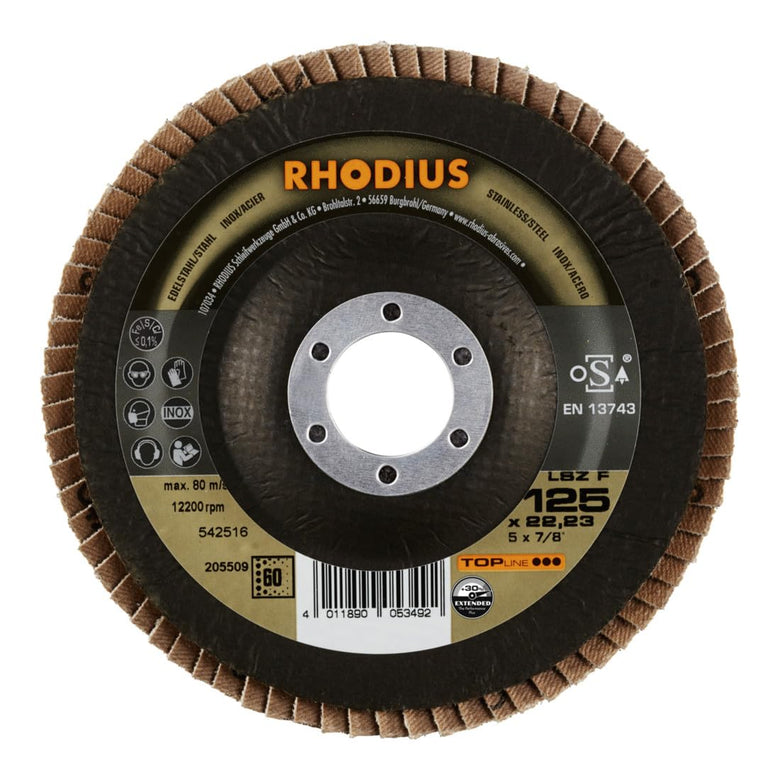 RHODIUS TOPline LSZ F EXTENDED Fächerschleifscheibe 125 x 22,23 mm K60 10 Stk