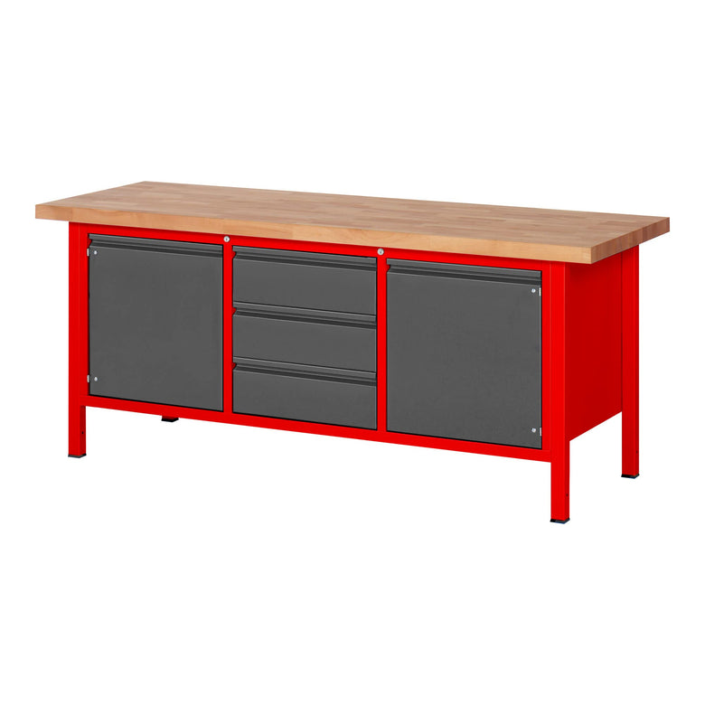 STIER Höhenverstellbare Werkbank Premium mit 2 Schubladen und 2 Flügeltüren BxTxH 1500x700x840-1040mm RAL 3000 / anthrazitmetallic
