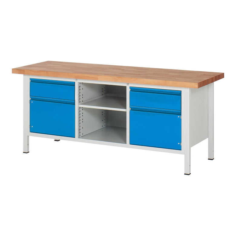 STIER Höhenverstellbare Werkbank Premium mit 2 Schubladen und 2 Flügeltüren BxTxH 1500x700x840-1040mm RAL 7035 / RAL 5012