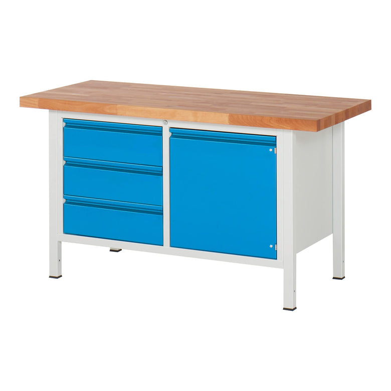 STIER Höhenverstellbare Werkbank Premium mit 2 Schubladen und 2 Flügeltüren BxTxH 1500x700x840-1040mm RAL 7035 / RAL 5012