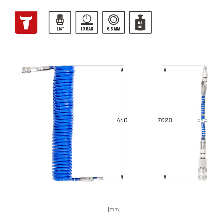STIER spiral compressed air hose length: 7.62 m pressurized hose kink protection