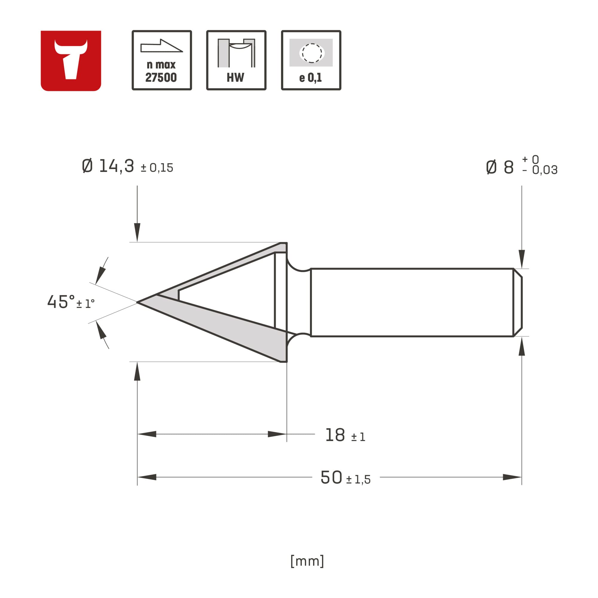 STIER Gipskartonfräser D12,5 mm 45 Grad S8 mm HW