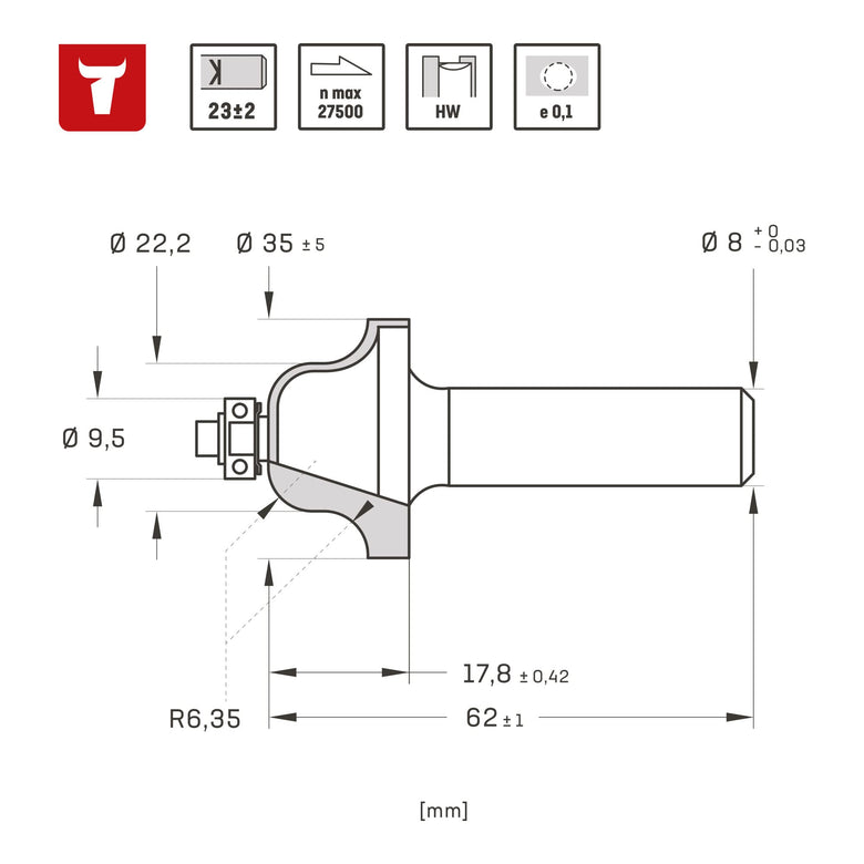 STIER profile milling cutter with ball bearing HM (HW) Ø 35 mm shank Ø 8 mm