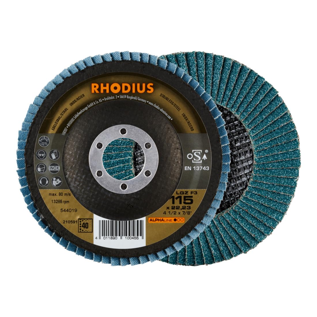 RHODIUS ALPHAline LGZ F3 Fächerschleifscheibe 115 x 22,23 mm K40 10 Stk