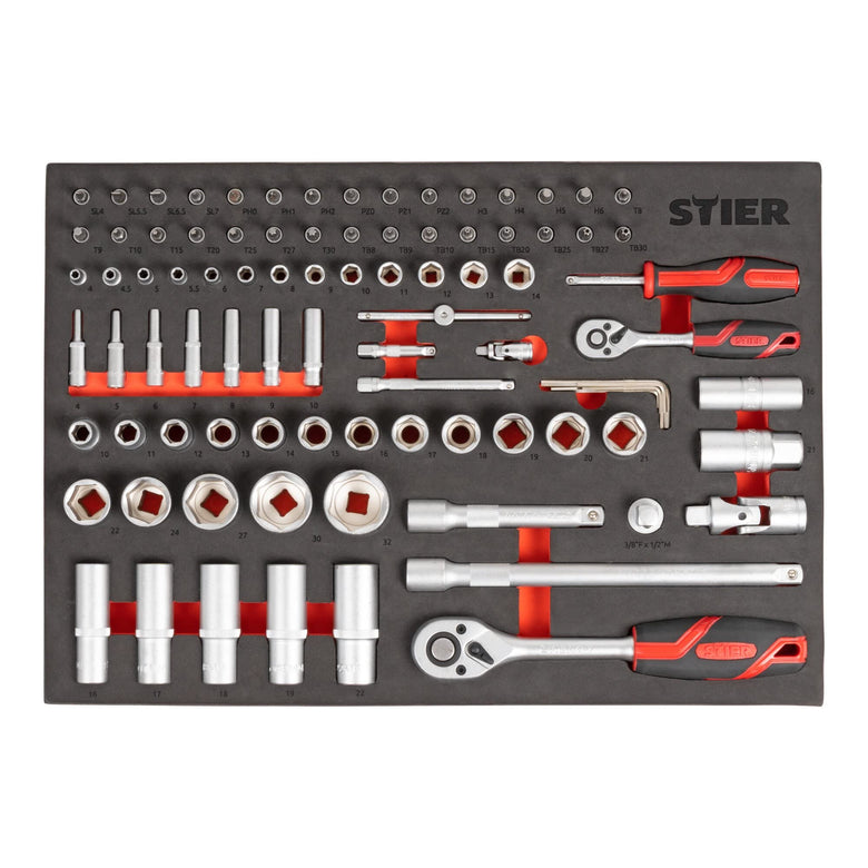 STIER Steckschlüssel Satz 92-teilig Chrom-Vanadium-Stahl 1/4 Zoll 1/2 Zoll mit