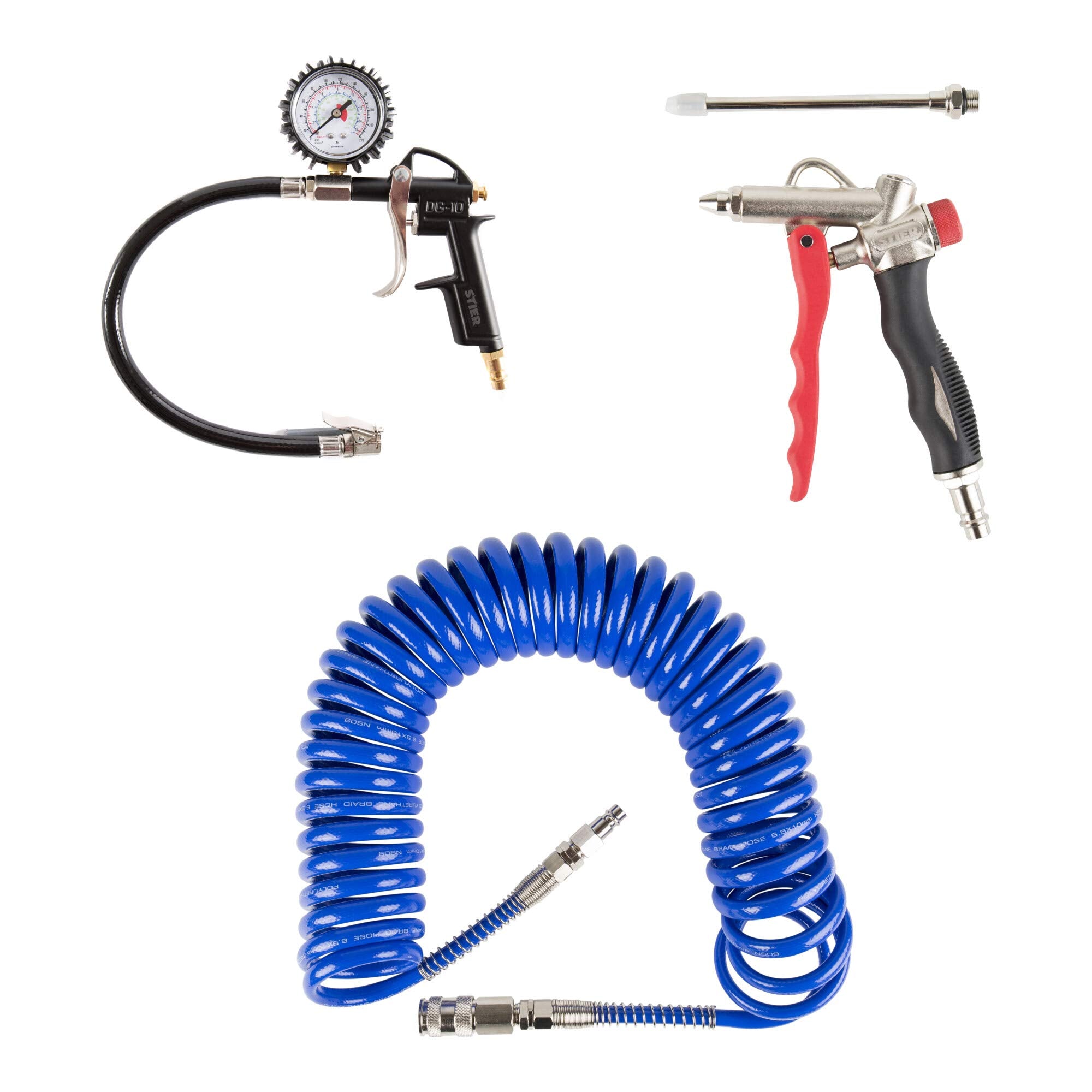 STIER Druckluft-Set Premium 3-teilig Reifenfüllmessgerät Spiralschlauch
