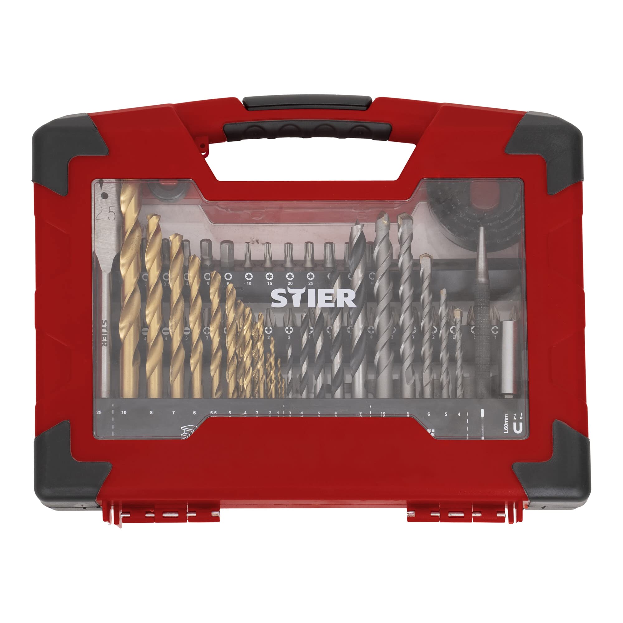 STIER TiN-Bohrer-Set Säge-Set und Bit-Set 100-teilig Titaniumnitrid Holzbohrer