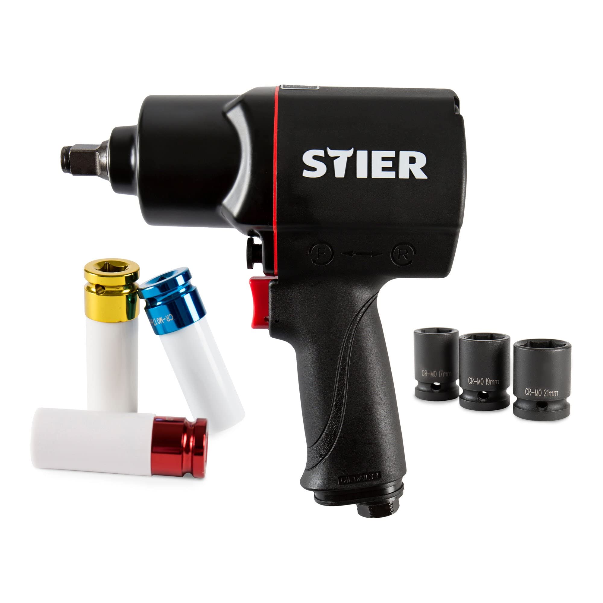 STIER pneumatic impact wrench 17-BBS set, 8 pieces, max. loosening torque 1,756 Nm