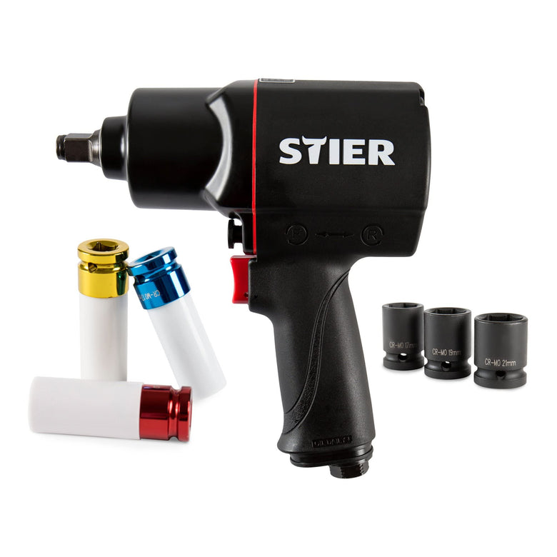 STIER pneumatic impact wrench 17-BBS set, 8 pieces, max. loosening torque 1,756 Nm