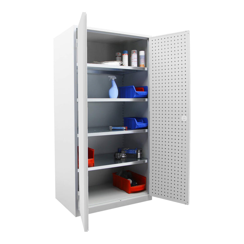 STIER workshop cabinet 1940x1000x600mm light grey 4 shelves door from inside