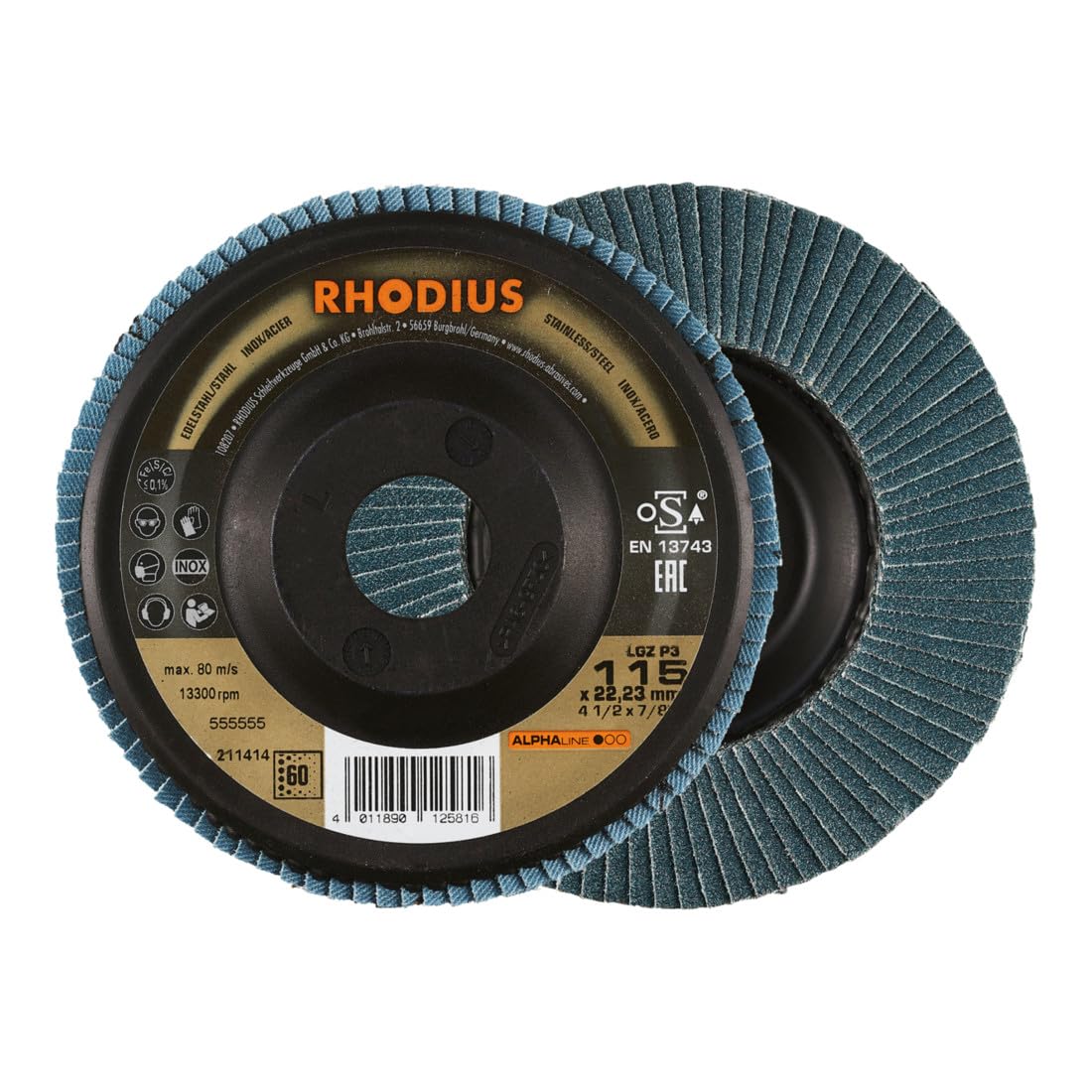 RHODIUS ALPHAline LSZ P3 Fächerschleifscheibe 125 x 22,23 mm K80 10 Stk