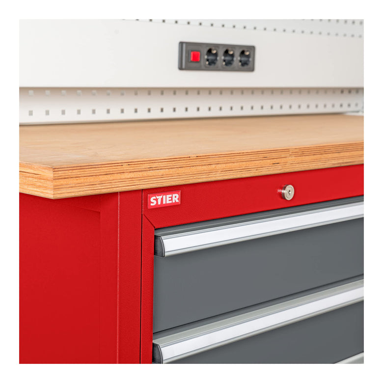 STIER Mobile Kastenwerkbank mit 4 Schubladen und 2 Holzfachböden BxTxH 1300x600x960 mm RAL 3020 / RAL 7016