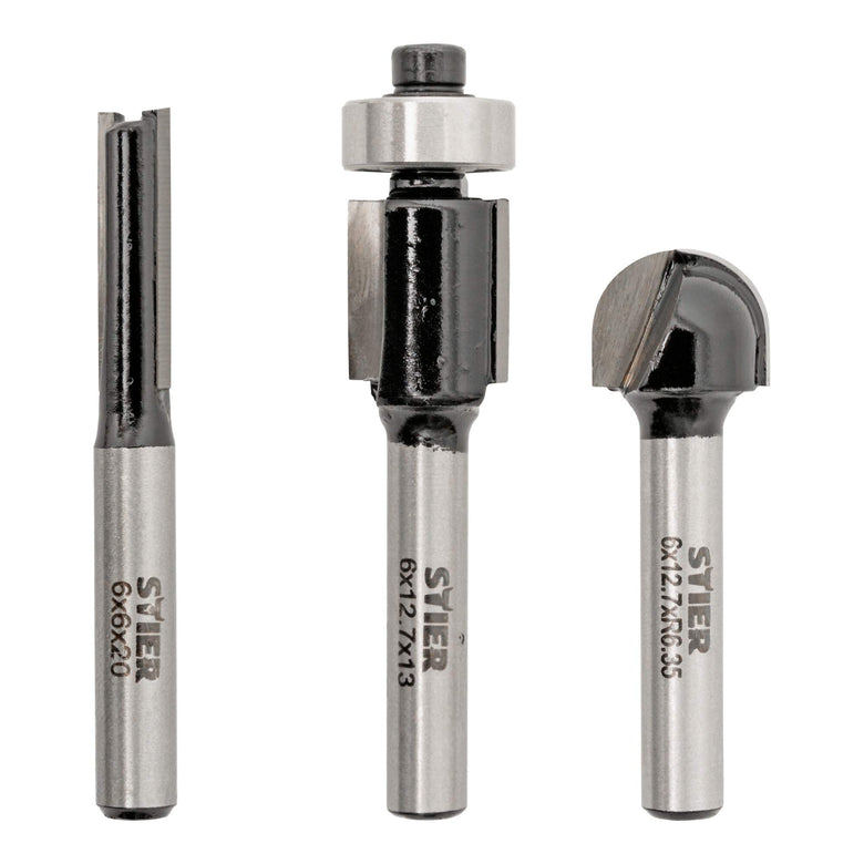 STIER milling cutter set 3-piece 6 mm shank groove cutter flush cutter round edge cutter