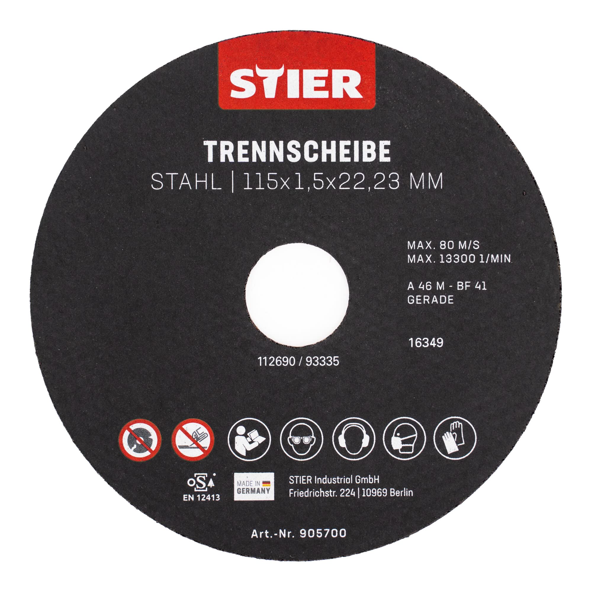 STIER cutting discs made of steel, dimensions: 115 x 1.5 x 22.23; shape 41; straight design;
