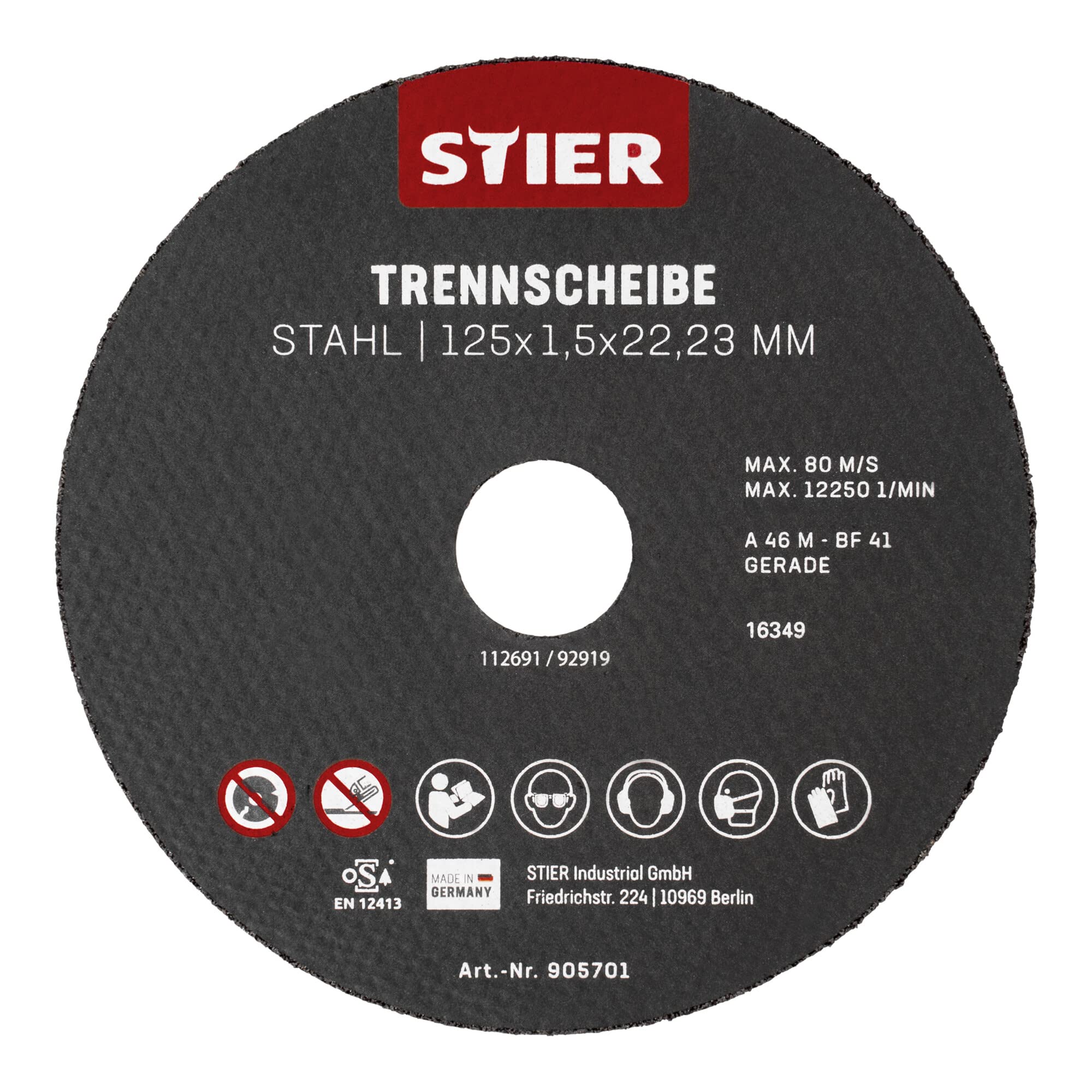STIER Trennscheiben Stahl Maße: 125 x 1,5 x 22,23; Form 41; gerade Ausführung;