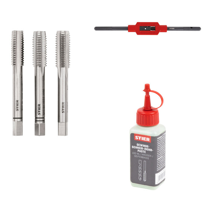 Set Stier STIER Handgewindebohrer Satz 3-tlg. DIN 352 HSS-G M 10 + STIER Windeisen DIN 1814 Nr. 2 + STIER Gewindeschneidpaste Bohrpaste 100 ml Wasser-/ Seifenbasis