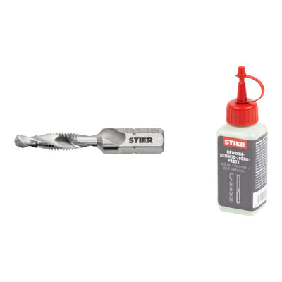 Set Stier STIER Kombigewindebohrer Bit M5 DIN 3126 HSS-G 1/4-Sechskant + STIER Gewindeschneidpaste Bohrpaste 100 ml Wasser-/ Seifenbasis