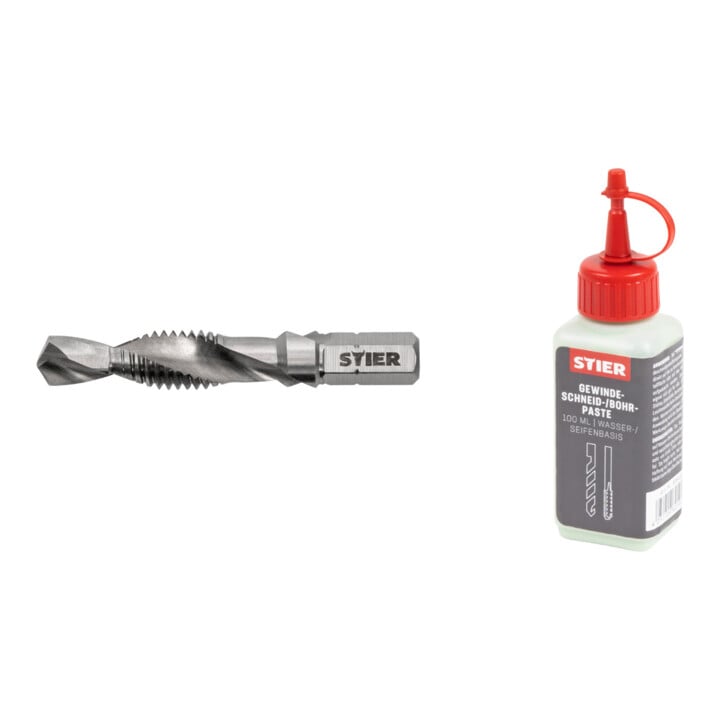 Set Stier STIER Kombigewindebohrer Bit M8 DIN 3126 HSS-G 1/4-Sechskant + STIER Gewindeschneidpaste Bohrpaste 100 ml Wasser-/ Seifenbasis