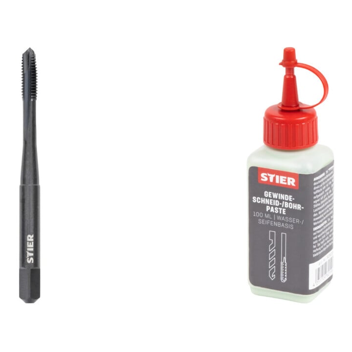 Set Stier STIER Maschinengewindebohrer M5 Vaporisiert DIN 371 Form B HSSE + STIER Gewindeschneidpaste Bohrpaste 100 ml Wasser-/ Seifenbasis