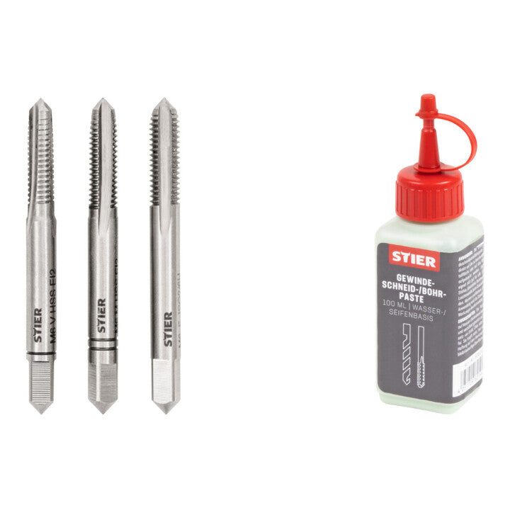 Set Stier STIER Handgewindebohrer Satz 3-tlg. DIN 352 HSS-G M 6 + STIER Gewindeschneidpaste Bohrpaste 100 ml Wasser-/ Seifenbasis