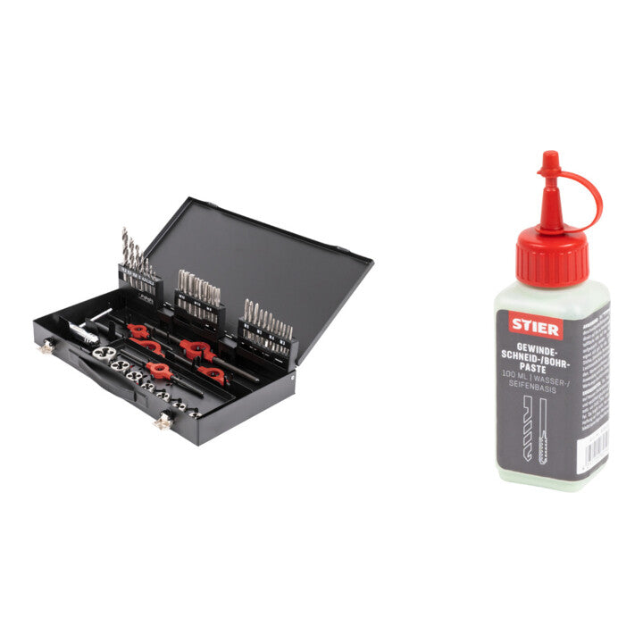 Set Stier STIER Gewindeschneid Set mit Gewindebohrern M3 - M12 HSS-G 45-teilig + STIER Gewindeschneidpaste Bohrpaste 100 ml Wasser-/ Seifenbasis