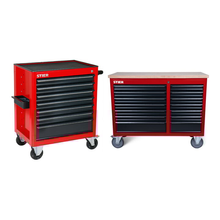Set STIER Werkstattwagen + Werkbank 14 Schubladen leer