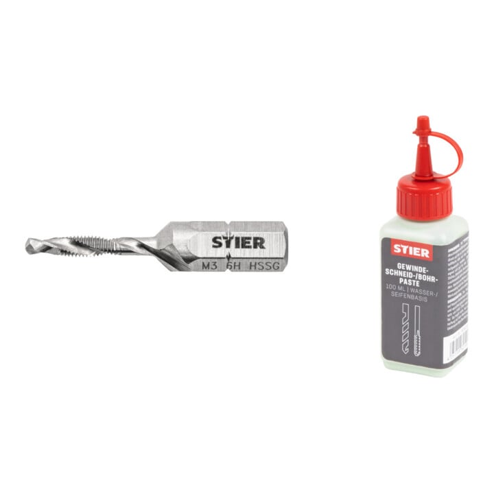 Set Stier STIER Kombigewindebohrer Bit M3 DIN 3126 HSS-G 1/4-Sechskant + STIER Gewindeschneidpaste Bohrpaste 100 ml Wasser-/ Seifenbasis
