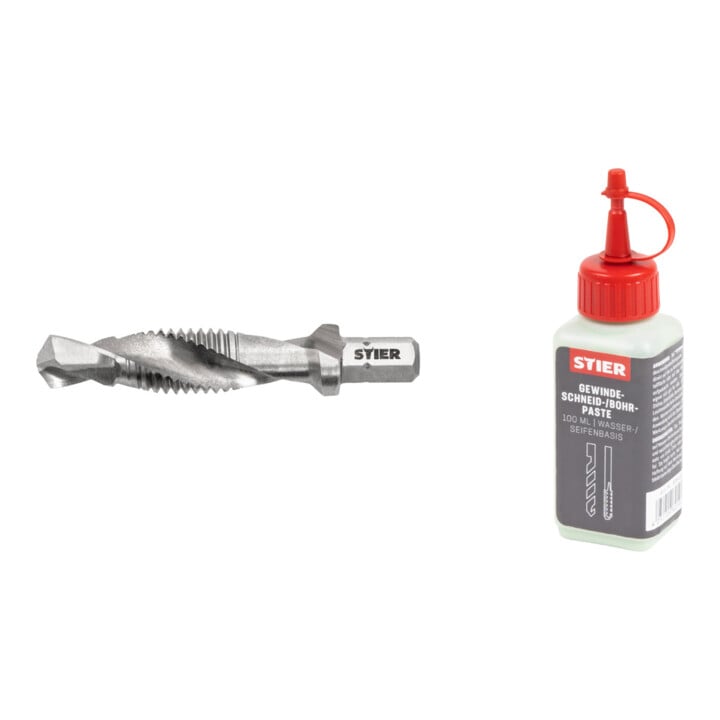 Set Stier STIER Kombigewindebohrer Bit M10 DIN 3126 HSS-G 1/4-Sechskant + STIER Gewindeschneidpaste Bohrpaste 100 ml Wasser-/ Seifenbasis