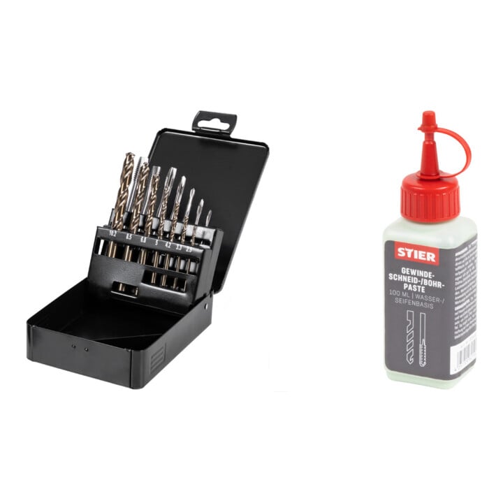 Set Stier STIER Maschinengewindebohrer-Satz HSSE Co5 M3-12 Form B 14-tlg. + STIER Gewindeschneidpaste Bohrpaste 100 ml Wasser-/ Seifenbasis