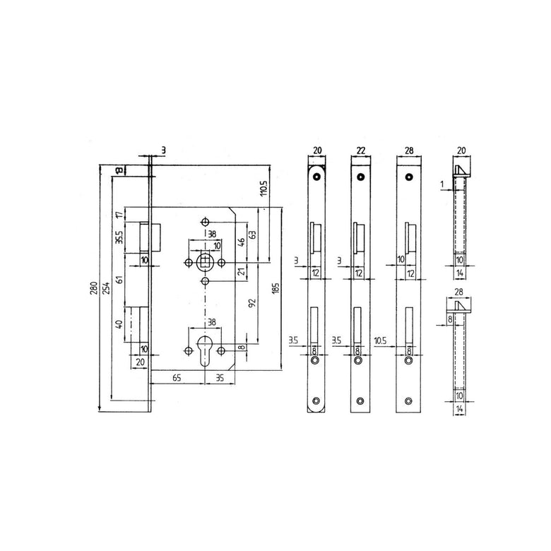 BEVER Einsteckschloss 290 P, PZW92/10, D65 F20x280ktg, Si, DR