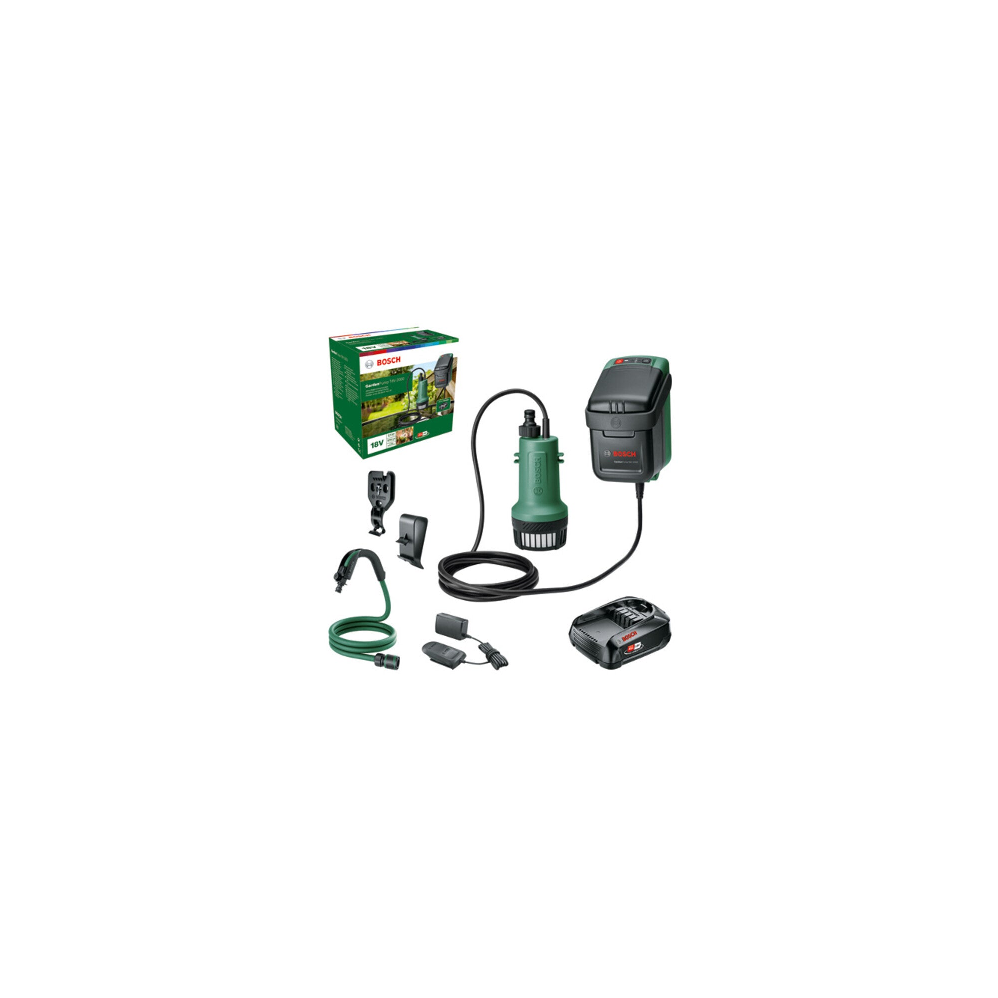 Bosch Akku-Regenwasserpumpen GardenPump 18V-2000: Akku 18V 2.5Ah, Ladegerät AL