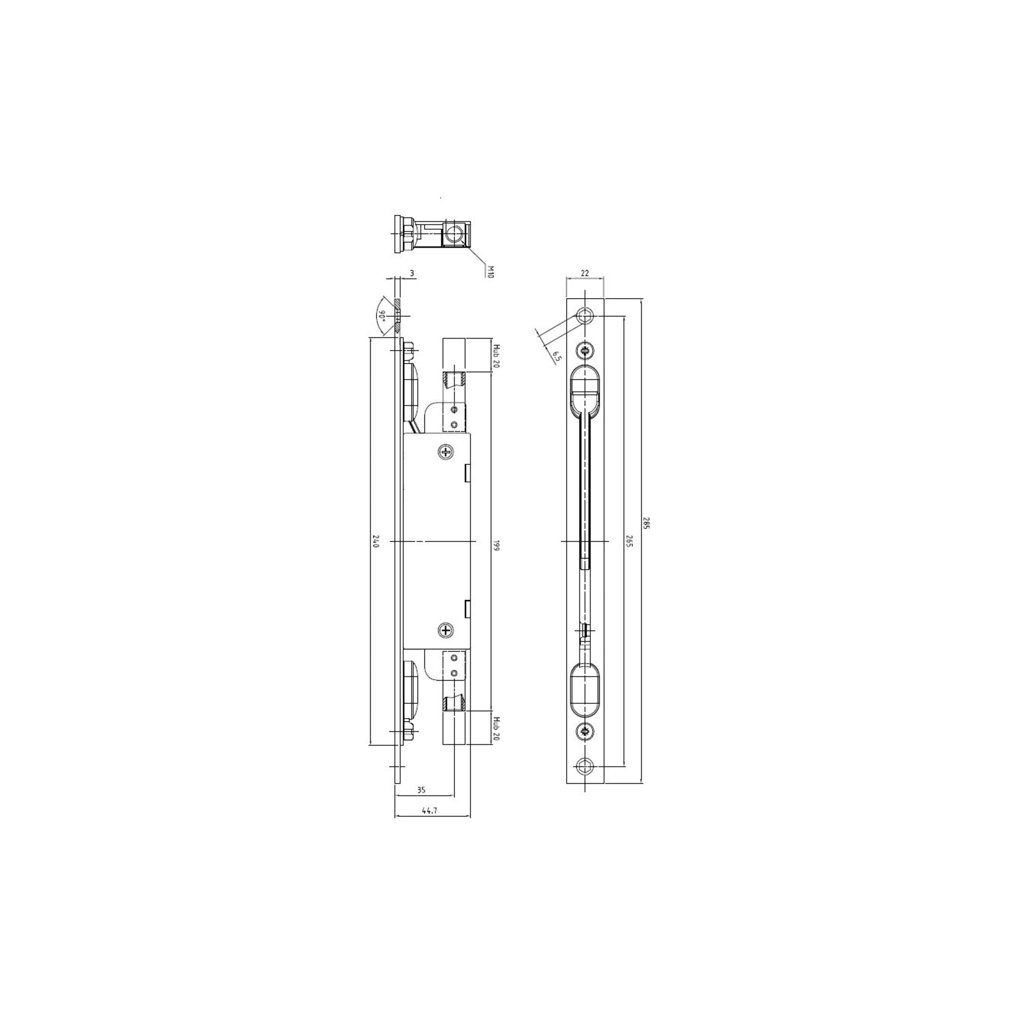 DENI Kantriegel 9220,mit Klapphebel D35mm, 22x285mm kantig,Stahl