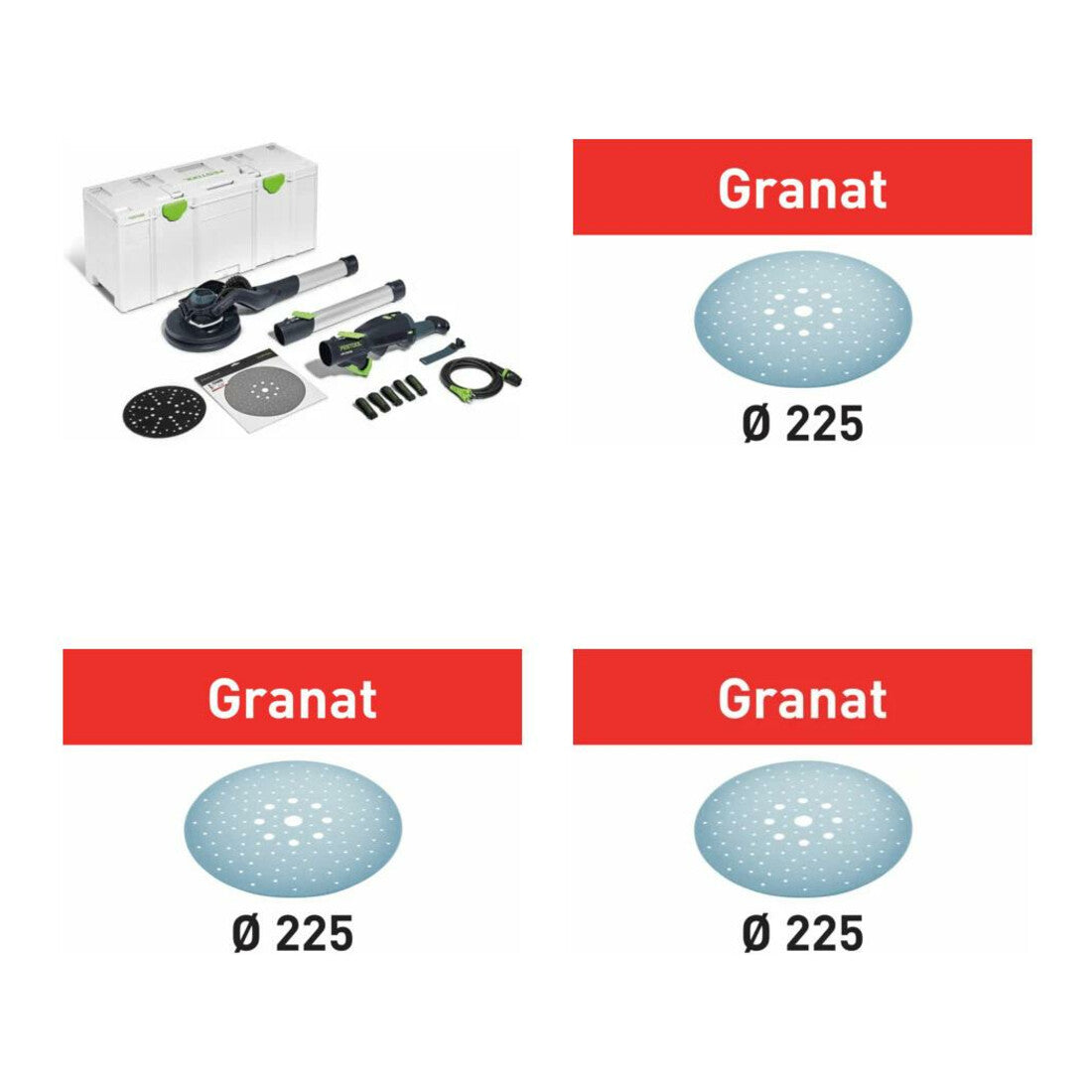 Festool Bundle – 4-teiliges Set mit LHS 2 225 EQI-Plus PLANEX Schleifscheiben