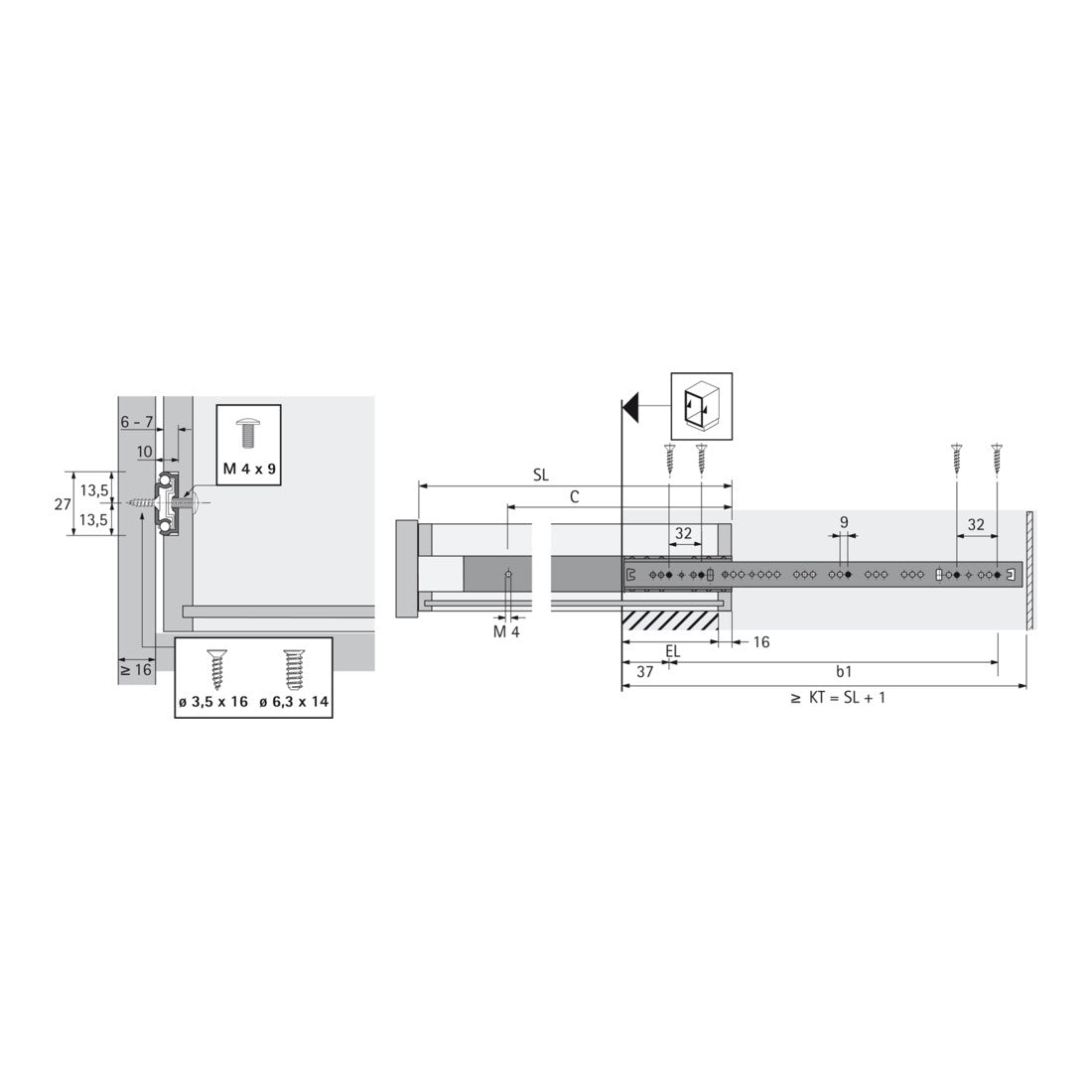 Hettich Kugelauszug KA 270, 27 mm Nut, Länge 350 mm