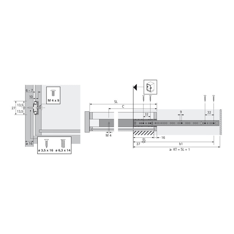 Hettich Kugelauszug KA 270, 27 mm Nut, Länge 350 mm