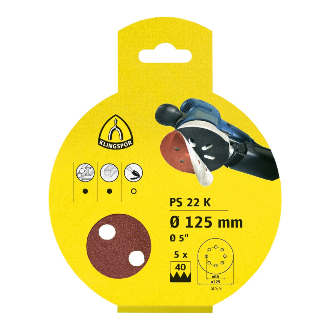 Klingspor PS 22 K Scheiben kletthaftend, 125 mm Korn 40 Lochform GLS5