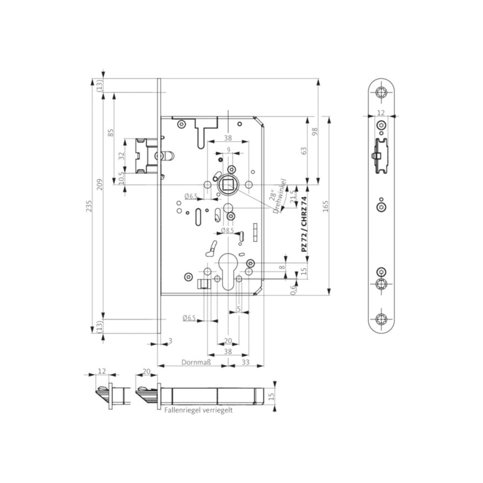 Panik-Einsteckschloss 2116 Fkt.E rd 24/65/72/9mm DIN L/R VA BKS