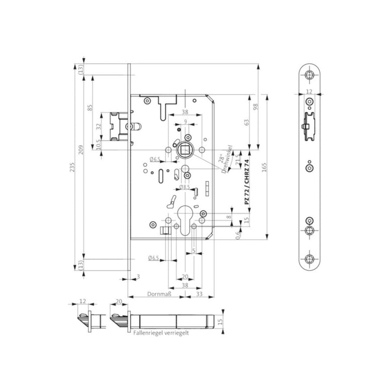 Panik-Einsteckschloss 2116 Fkt.E rd 24/65/72/9mm DIN L/R VA BKS