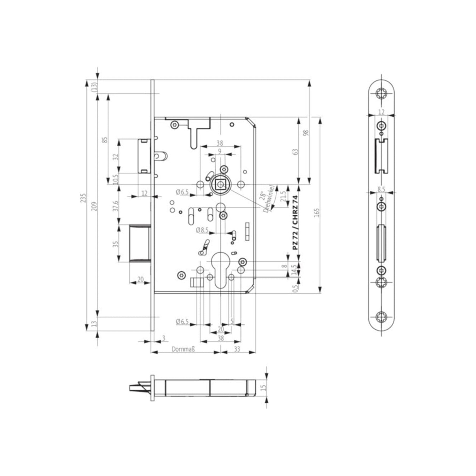 Panik-Einsteckschloss 2320 Fkt.B rd 24/65/72/9mm DIN L/R VA BKS