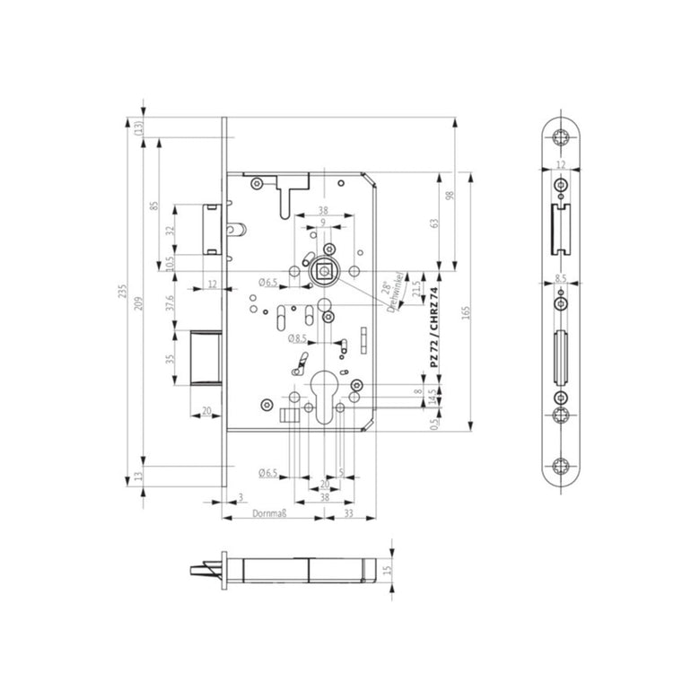 Panik-Einsteckschloss 2320 Fkt.B rd 24/65/72/9mm DIN L/R VA BKS