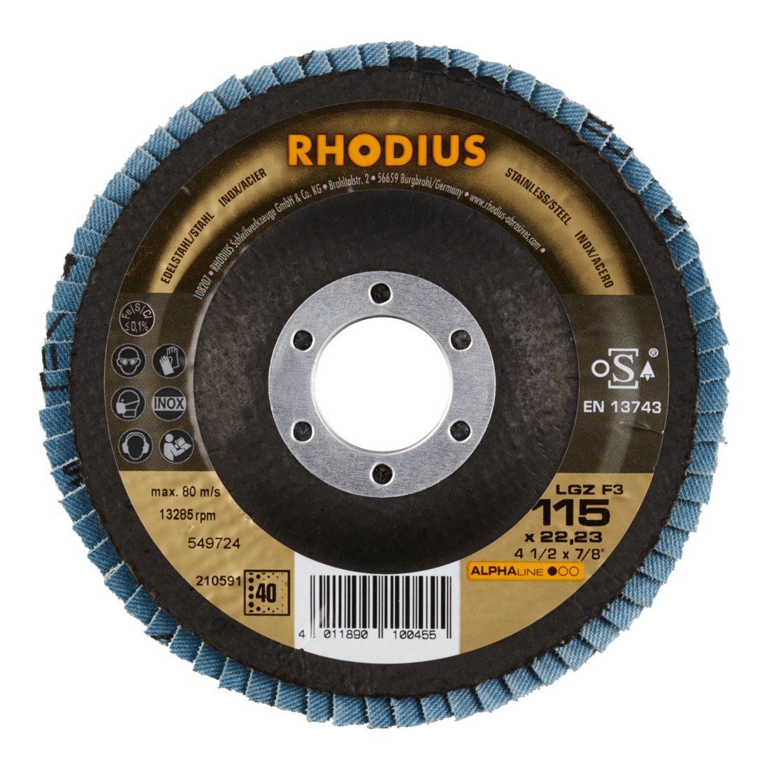 RHODIUS ALPHAline LGZ F3 Fächerschleifscheibe 115 x 22,23 mm K40 10 Stk