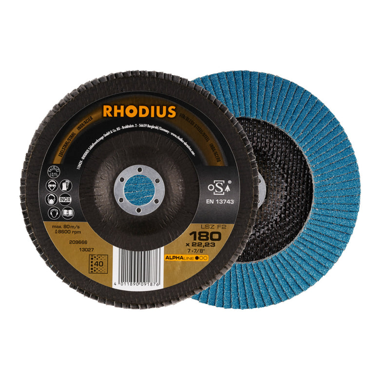 RHODIUS ALPHAline LSZ F2 Fächerschleifscheibe 180 x 22,23 mm K40 10 Stk