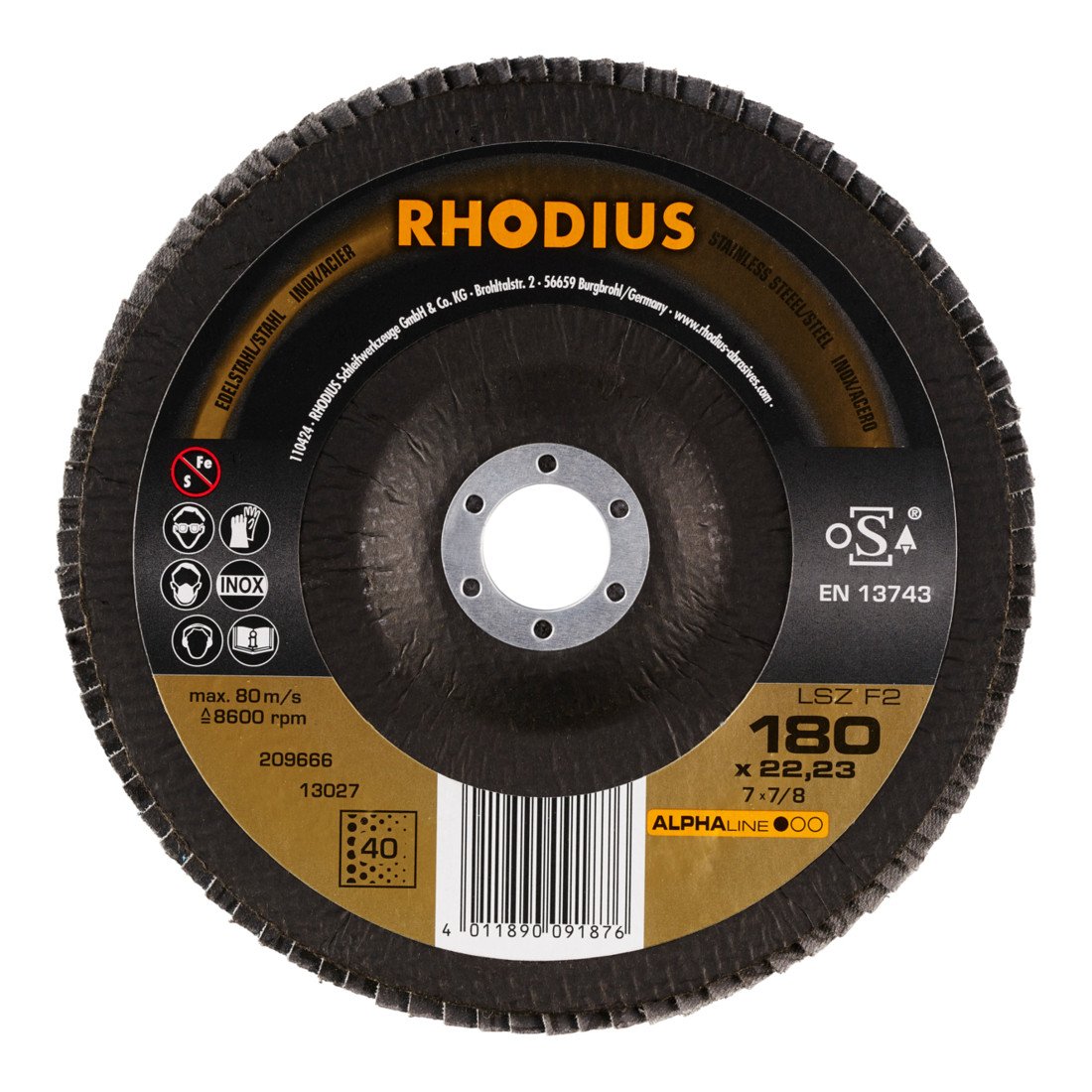 RHODIUS ALPHAline LSZ F2 Fächerschleifscheibe 180 x 22,23 mm K40 10 Stk