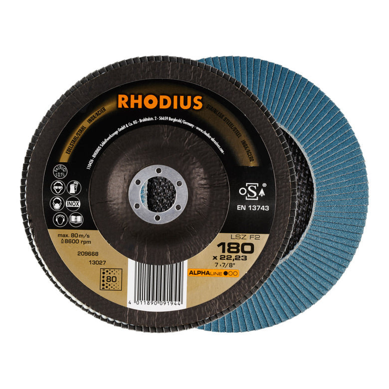 RHODIUS ALPHAline LSZ F2 Fächerschleifscheibe 180 x 22,23 mm K80 10 Stk