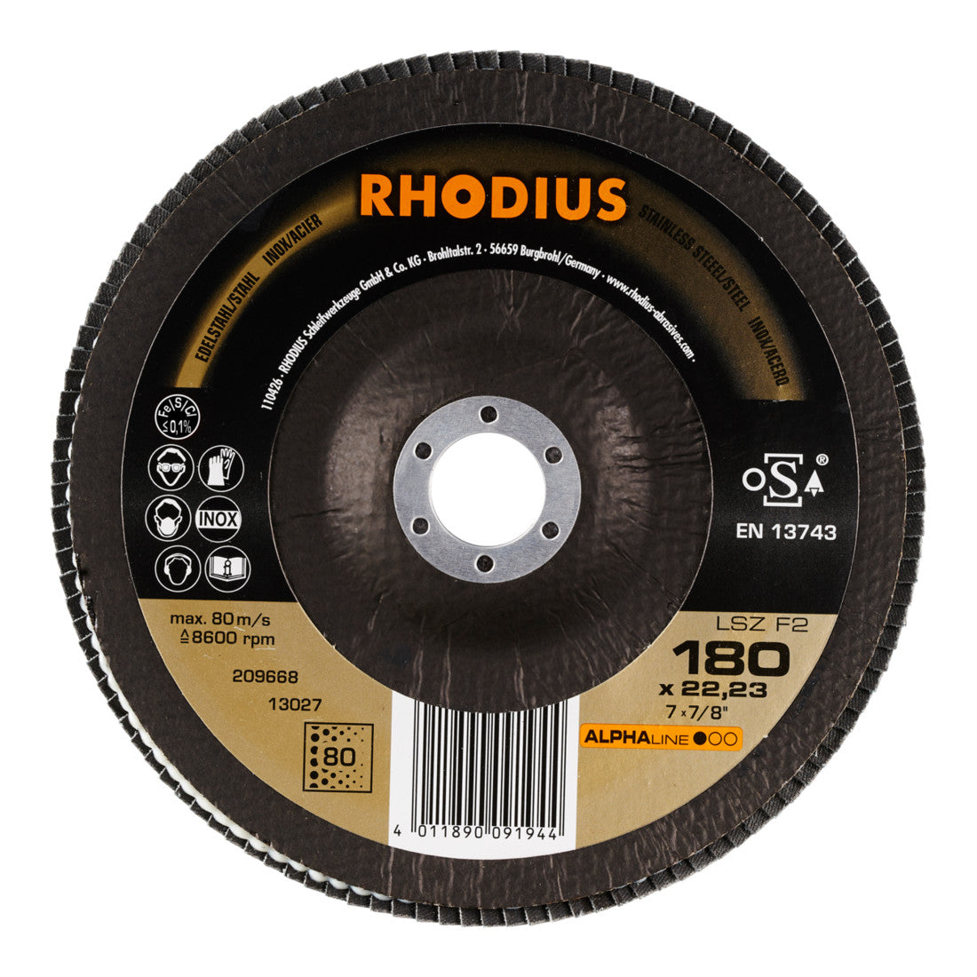 RHODIUS ALPHAline LSZ F2 Fächerschleifscheibe 180 x 22,23 mm K80 10 Stk