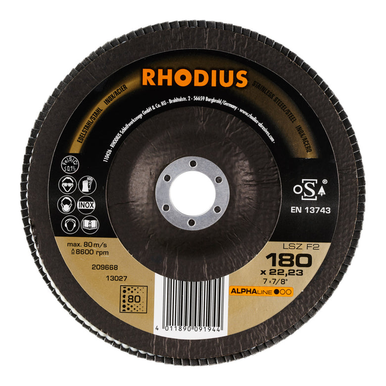 RHODIUS ALPHAline LSZ F2 Fächerschleifscheibe 180 x 22,23 mm K80 10 Stk